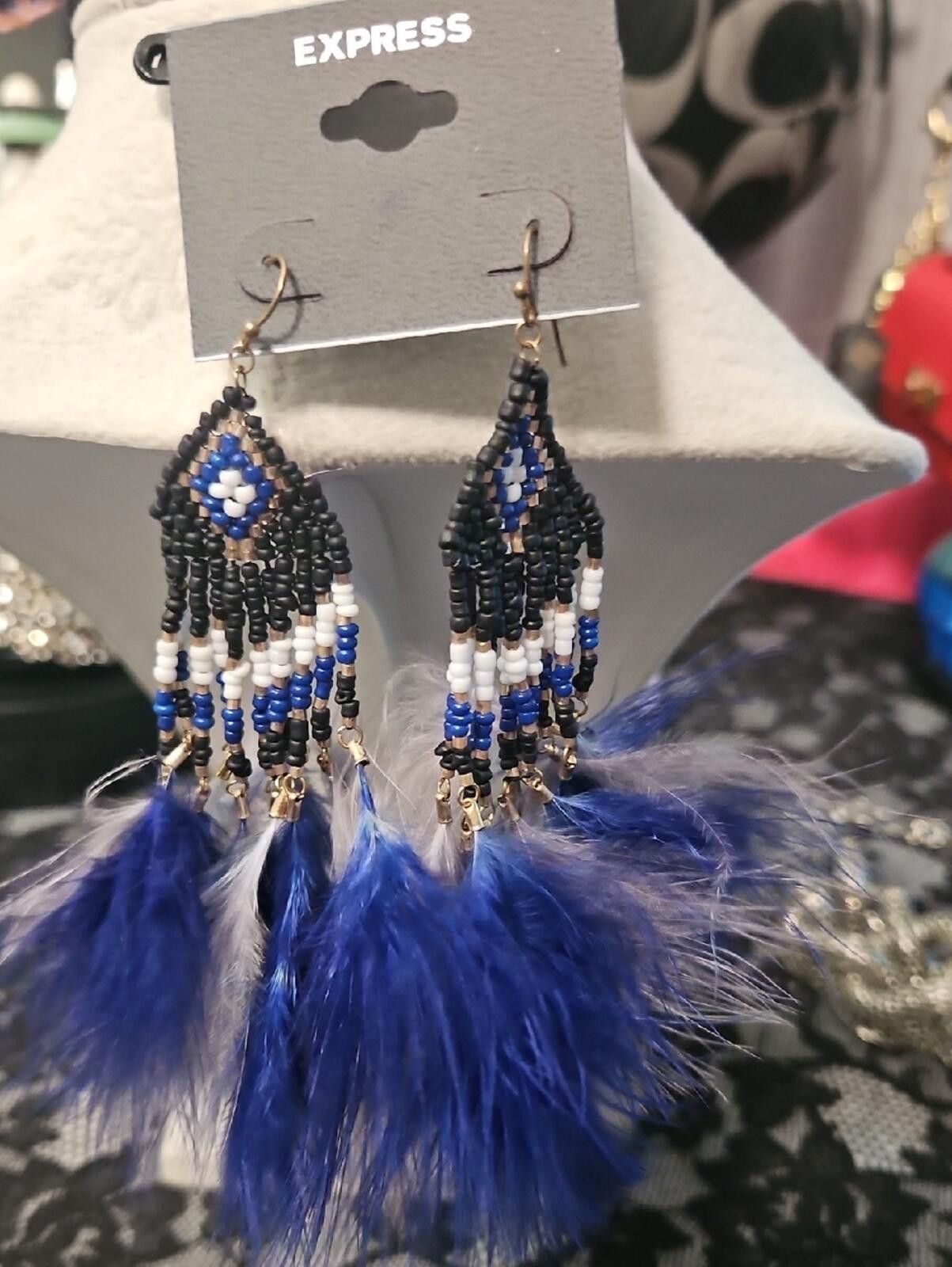 Express Express Blue, Black and White Beaded Feather Drop Earrings Size ONE SIZE - 1 Thumbnail