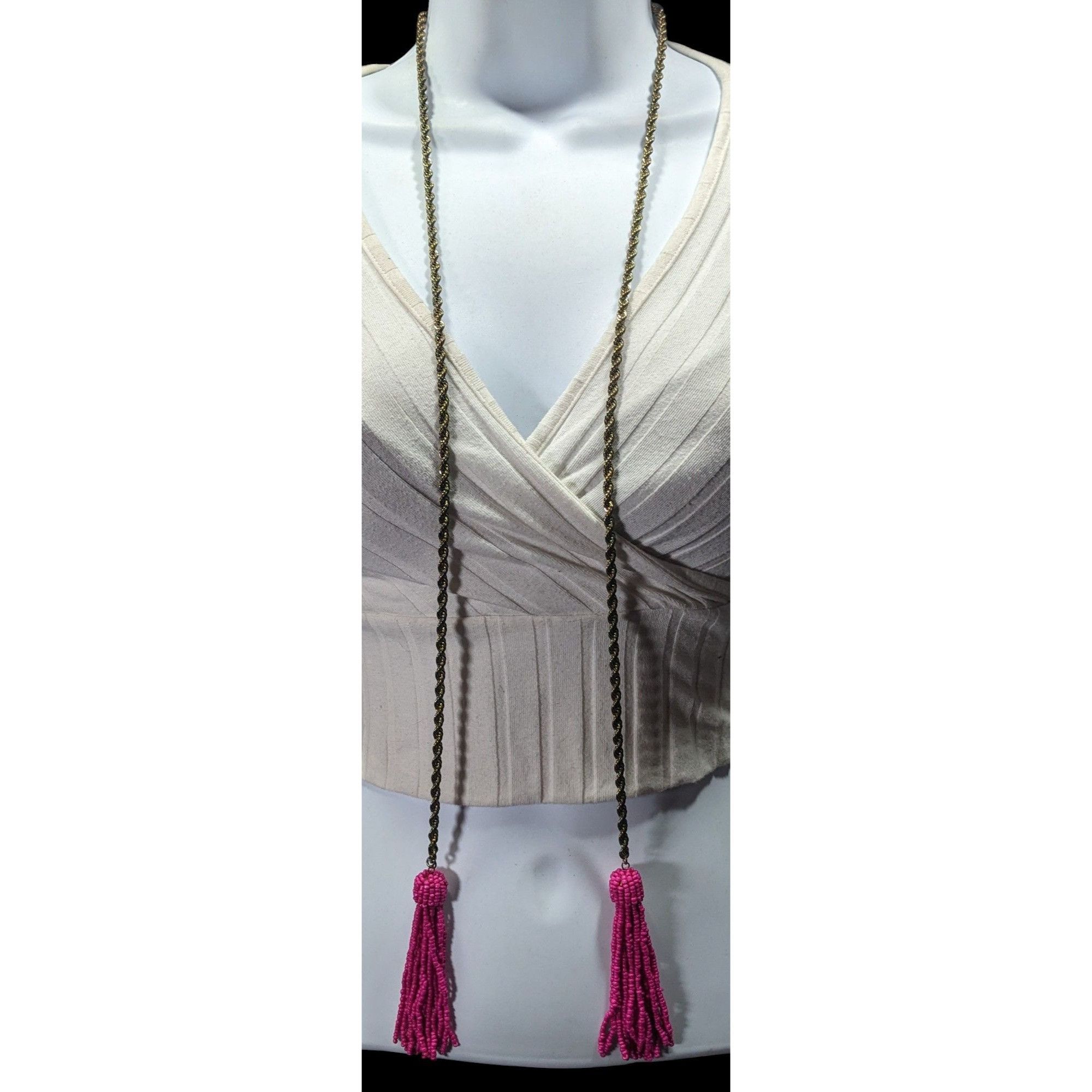 Other Pink Glass Beaded Fringe End Gold Tone Chain Wrap Necklace Size ONE SIZE - 3 Thumbnail