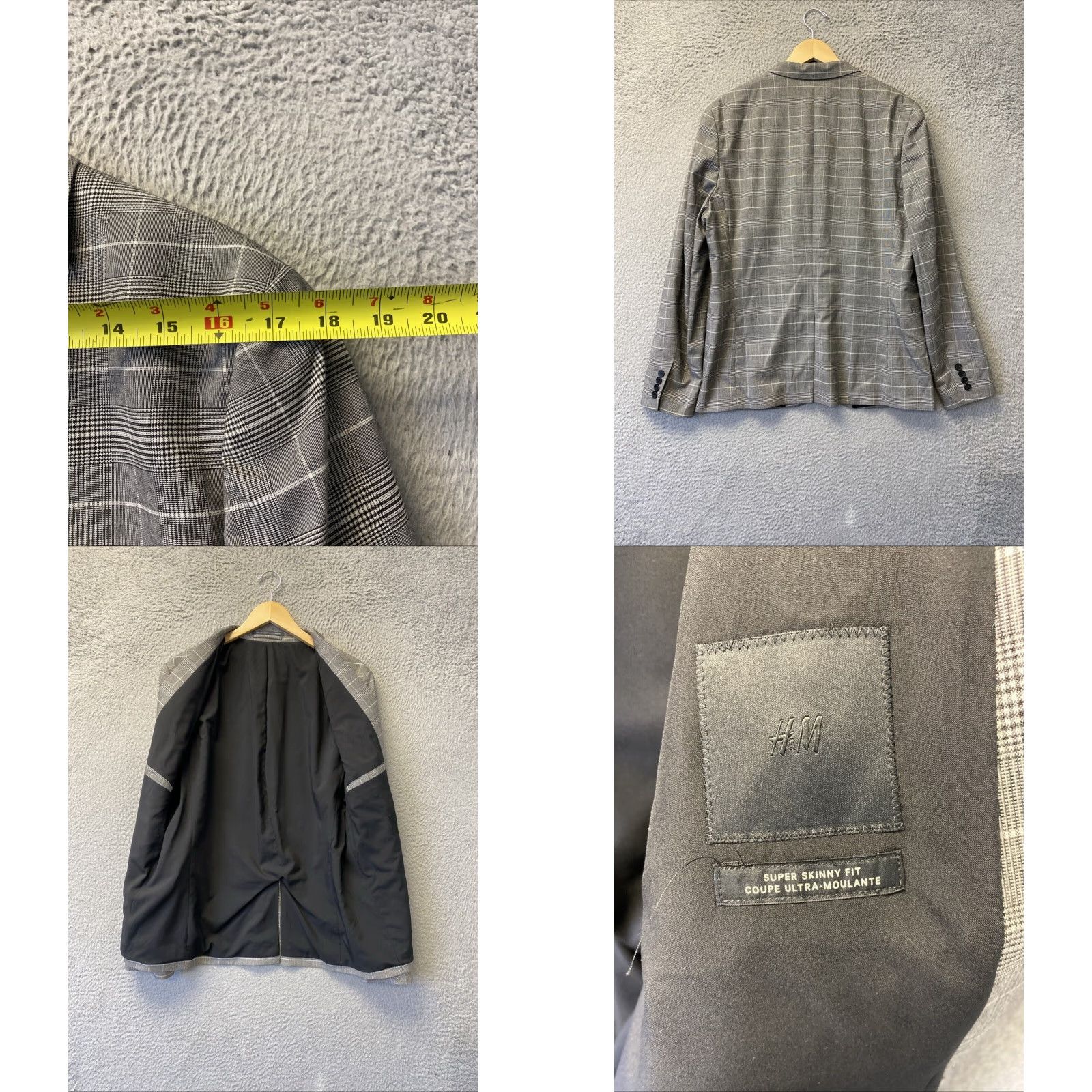 H&M VINTAGE H&M Grey Plaid Blazer Sports Coat Men's Skinny Fit 44 Regular Size 44R - 8 Thumbnail