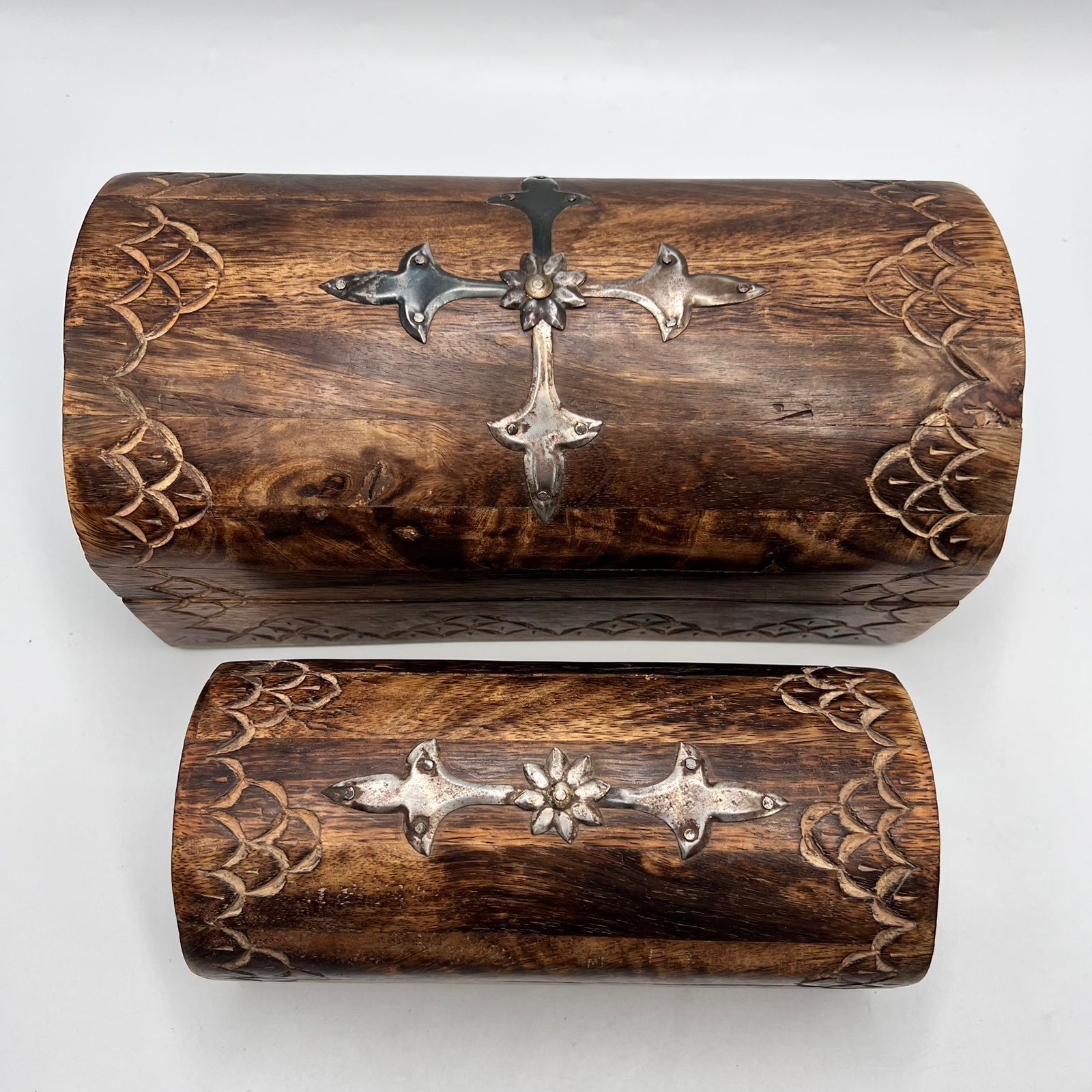 Vintage Vintage Carved Wooden Jewelry Boxes Set Handmade Hardwood Size ONE SIZE - 1 Thumbnail