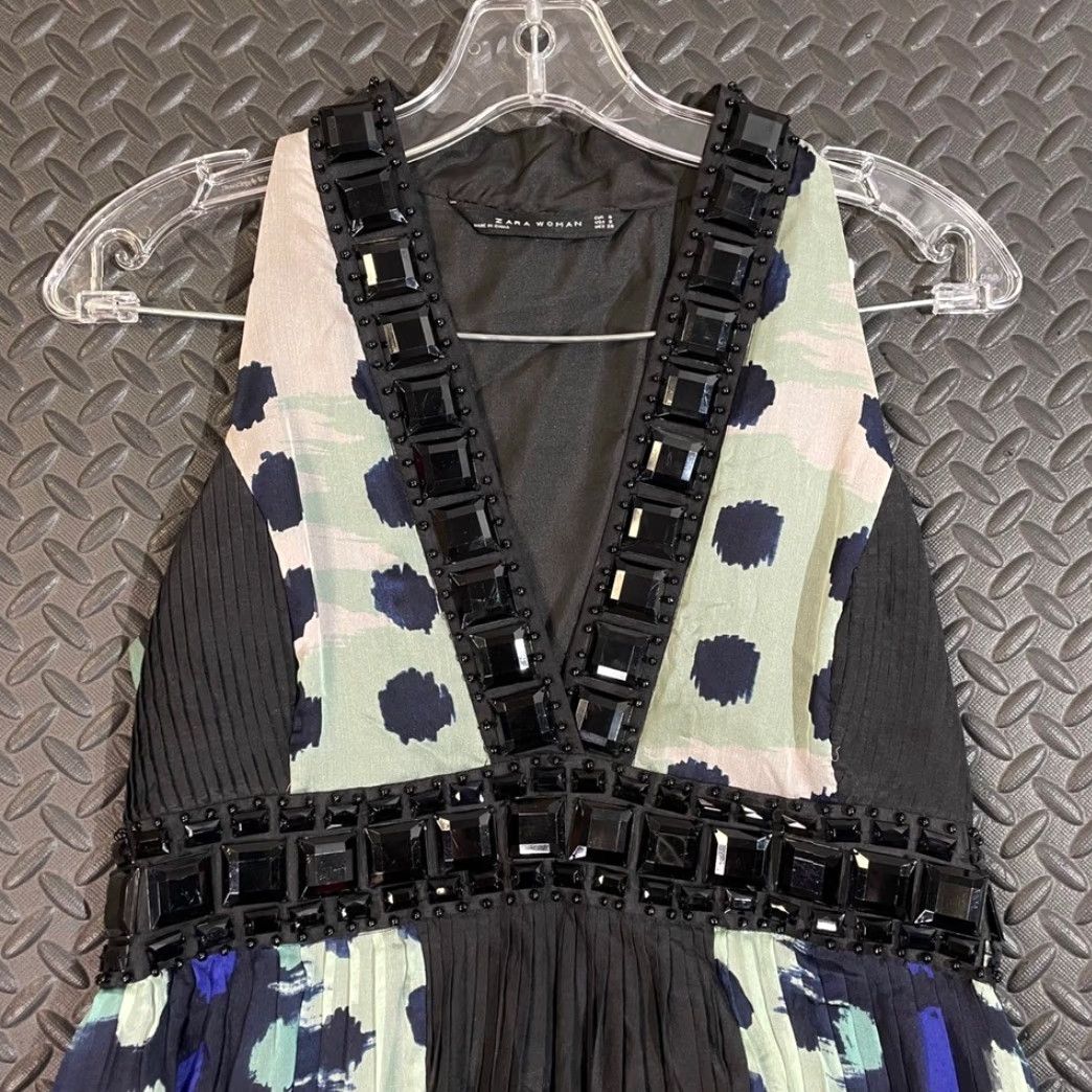 Zara Beaded Silk Halter Dress Midi A-Line Pleated Multi Pattern Fit Flare  Black Teal Medium S Women - shinesquarebuilders.com