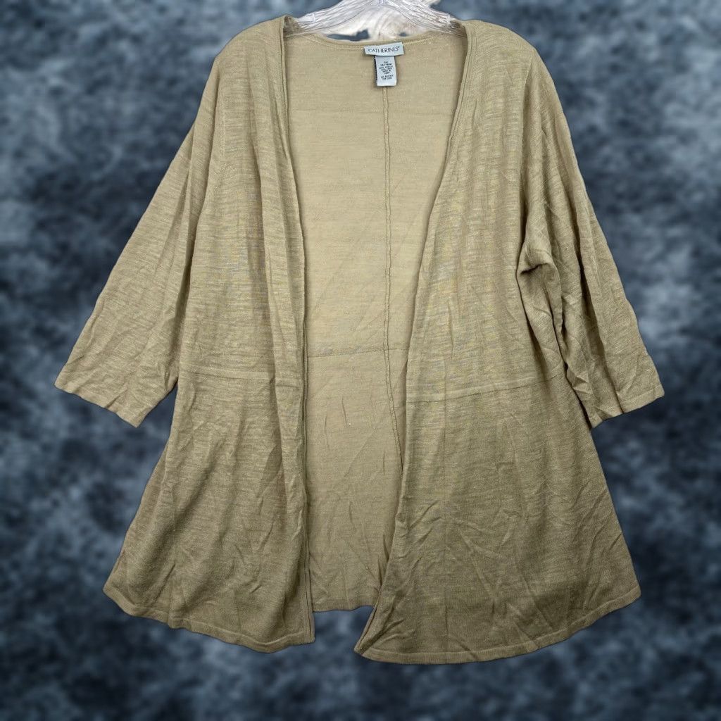 Vintage Catherines Cardigan Open 0X Tan Linen Blend Topper Lightweight 3/4 Sleeve Knit Casual Bohemian V-Neck Relaxed Plus Jacket Womens Size XL / US 12-14 / IT 48-50 - 1 Thumbnail