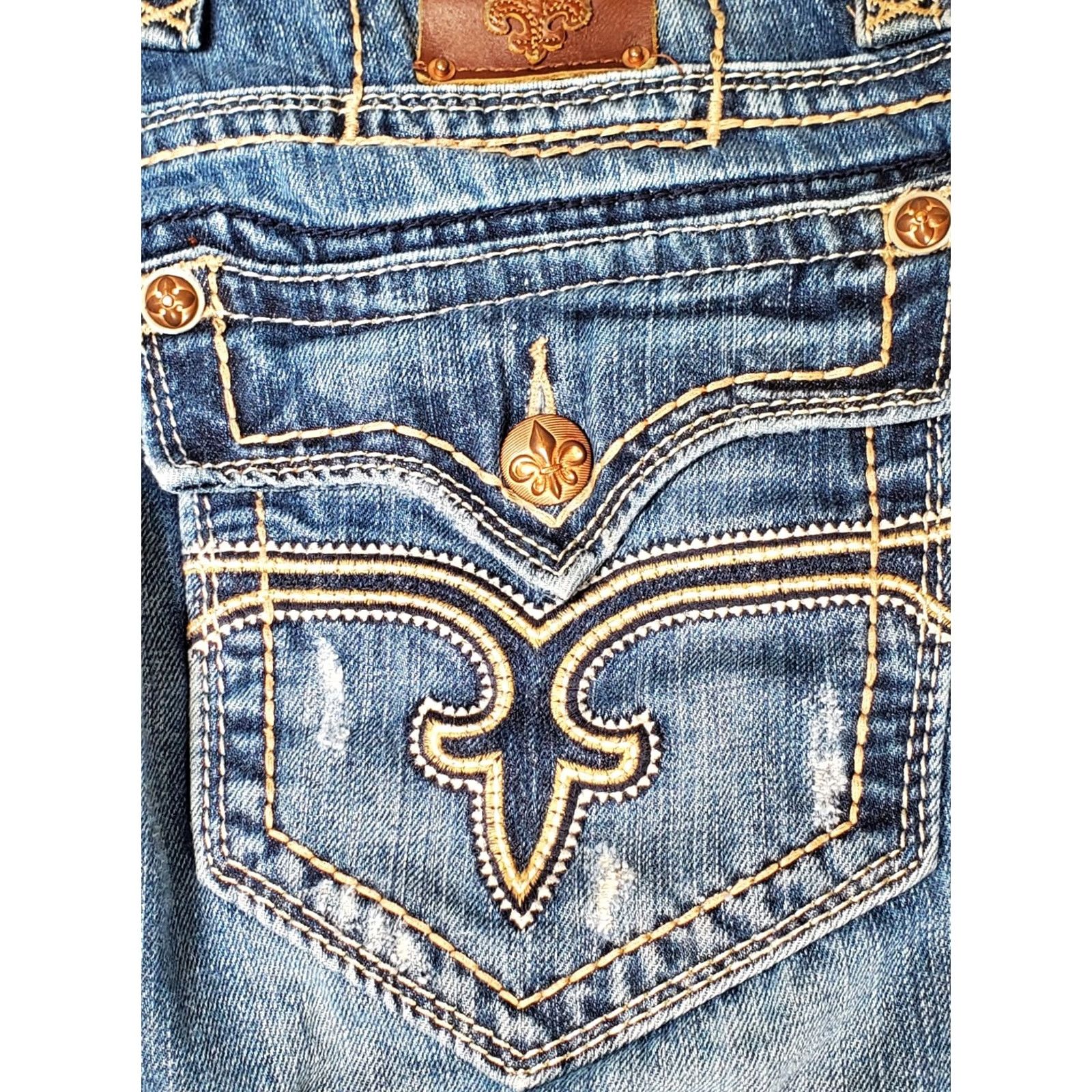 Vintage Rock Revival Xavier Straight Jeans Blue Distressed Embroidered Button Pockets Men's 33 Jeans Size US 33 - 6 Thumbnail