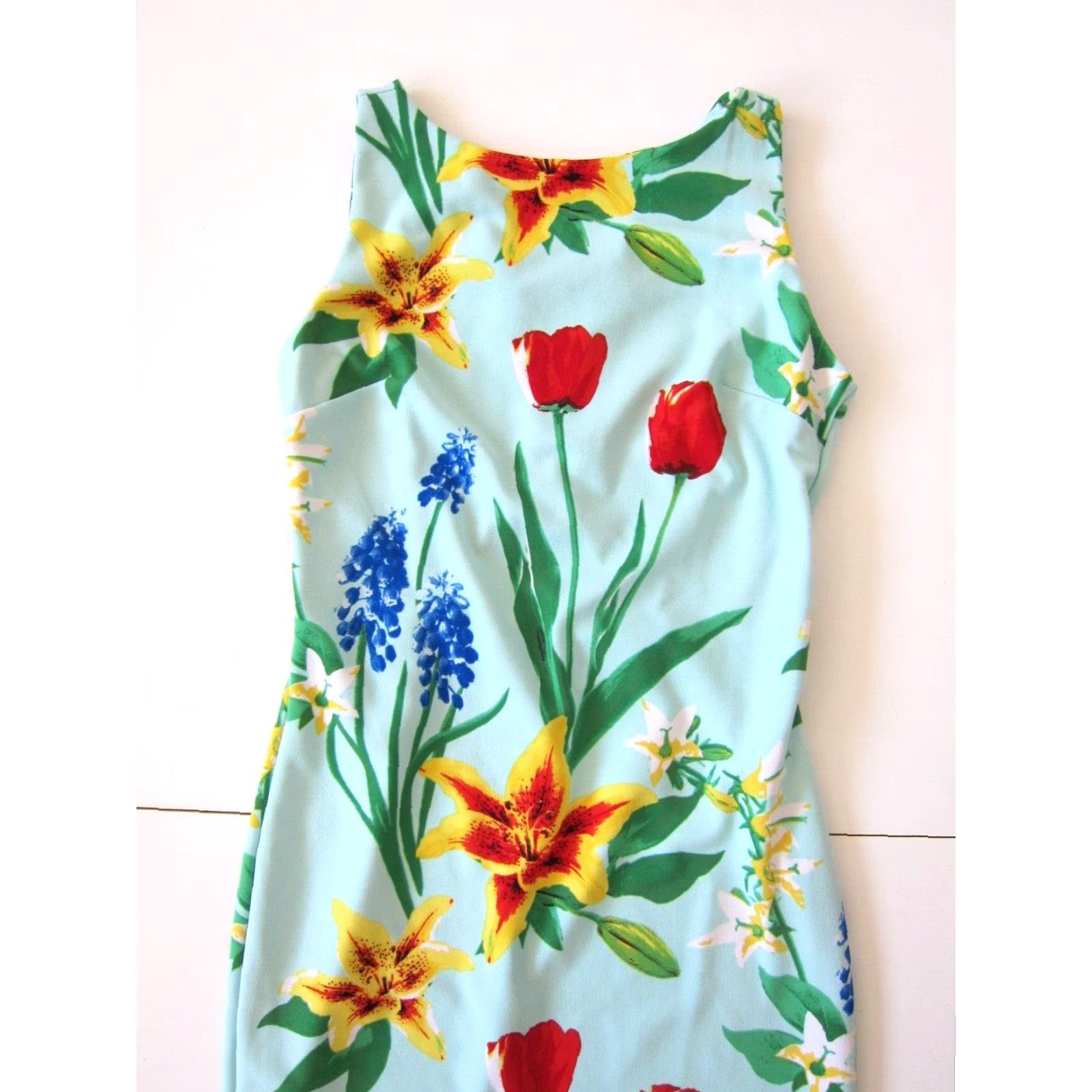 Vintage New York & Company Stretch Sleeveless Sheath Dress S Blue Tulip Flower Midi Dress Size S / US 4 / IT 40 - 6 Thumbnail