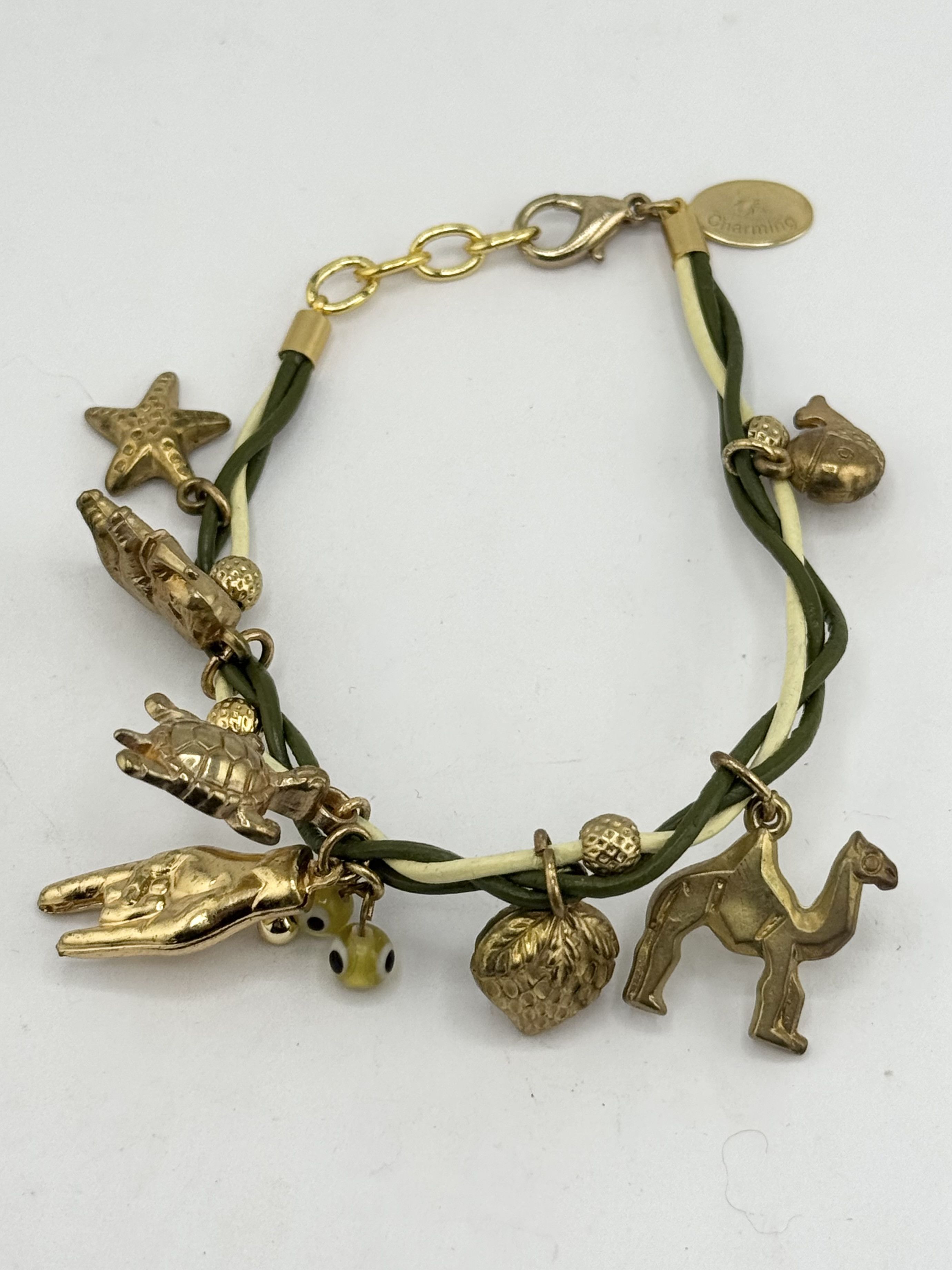 Vintage Green and yellow leather braided charm bracelet Size ONE SIZE - 1 Thumbnail