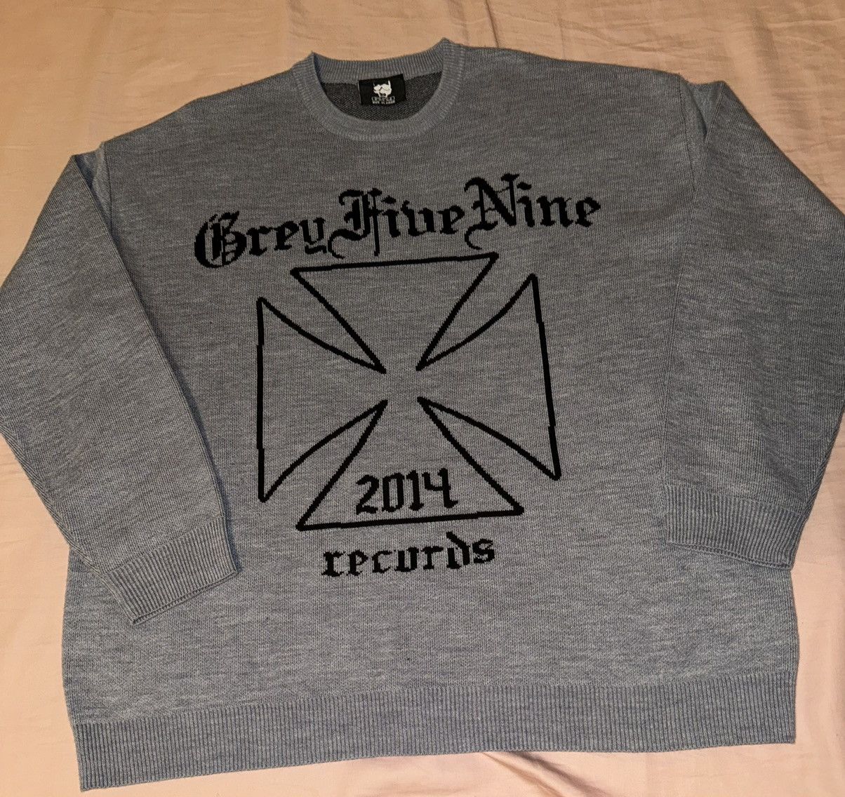 image of G59 Records x Pouya Uicideboy Merch Grey Five Nine Records Old English Knit Sweater, Men's (Size XL