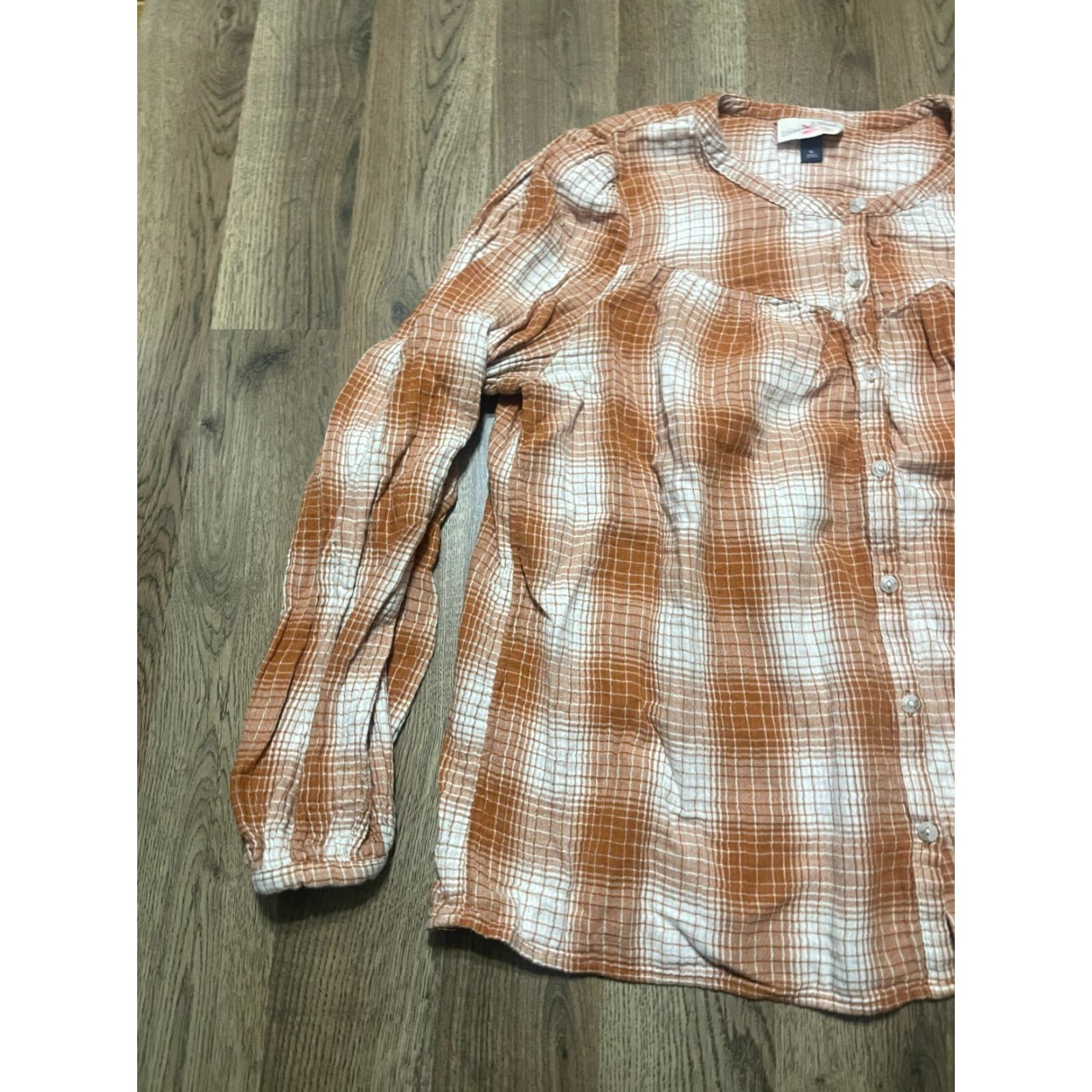Vintage Universal Thread Shirt Women's XL Orange White Plaid Button Up Long Sleeve Size XL / US 12-14 / IT 48-50 - 3 Thumbnail