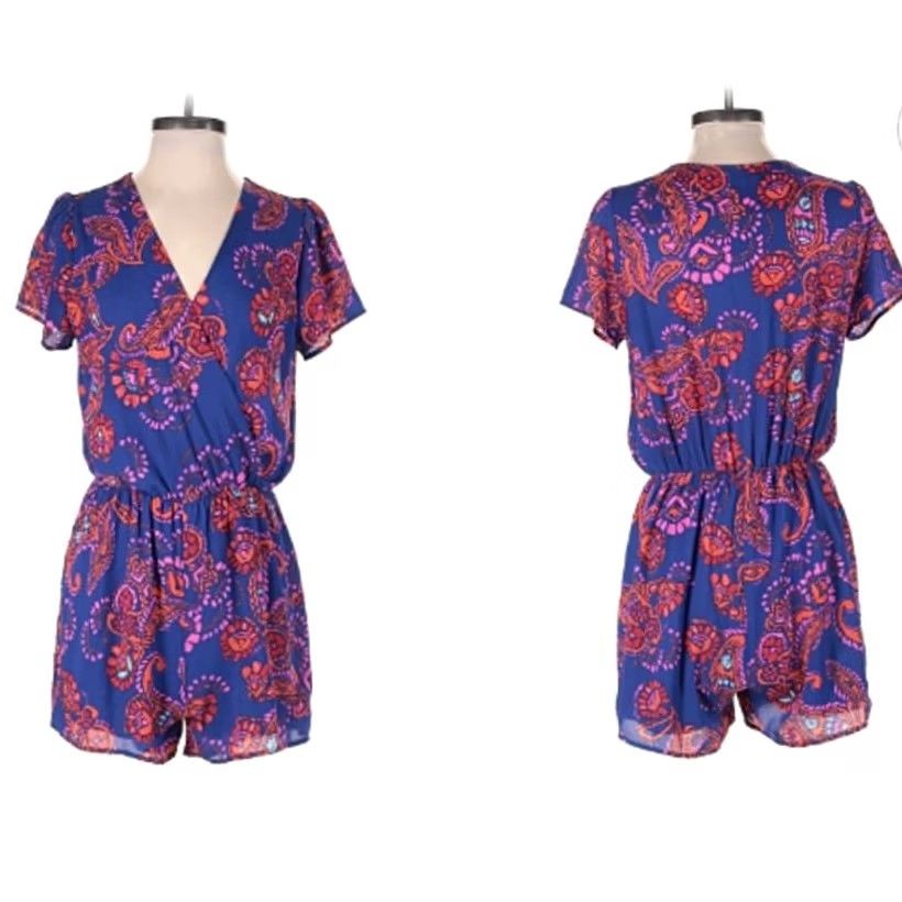 Anthropologie Anthropologie Romper Womens S Blue Everly Pink Orange Paisley Print Neck Size Size 28" / US 6 / IT 42 - 2 Thumbnail