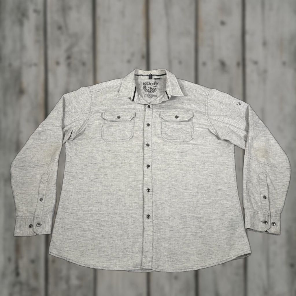 Vintage Kuhl Mens Button-Up Shirt XL Gray Heather Linen Cotton Polyester Long Sleeve Hike Pockets Reg Regular Brand: Kuhl Size US XL / EU 56 / 4 - 1 Thumbnail