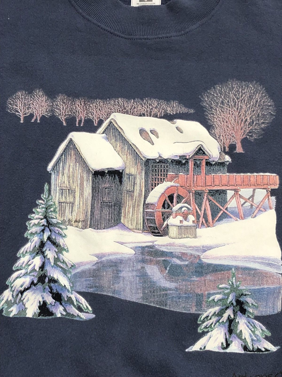 Vintage 90s Arkansas The Old Mill at Wintertime Sweatshirt Size L / US 10 / IT 46 - 2 Thumbnail