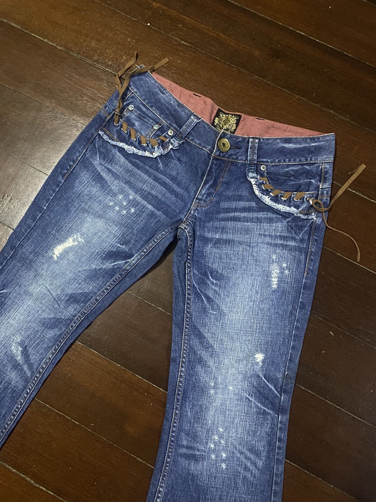 If Six Was Nine × Le Grande Bleu (L.G.B.) × Tornado Mart Flare Jeans Back Number Distress Faded Denim Bootcut Y2k Size 33" - 5 Thumbnail