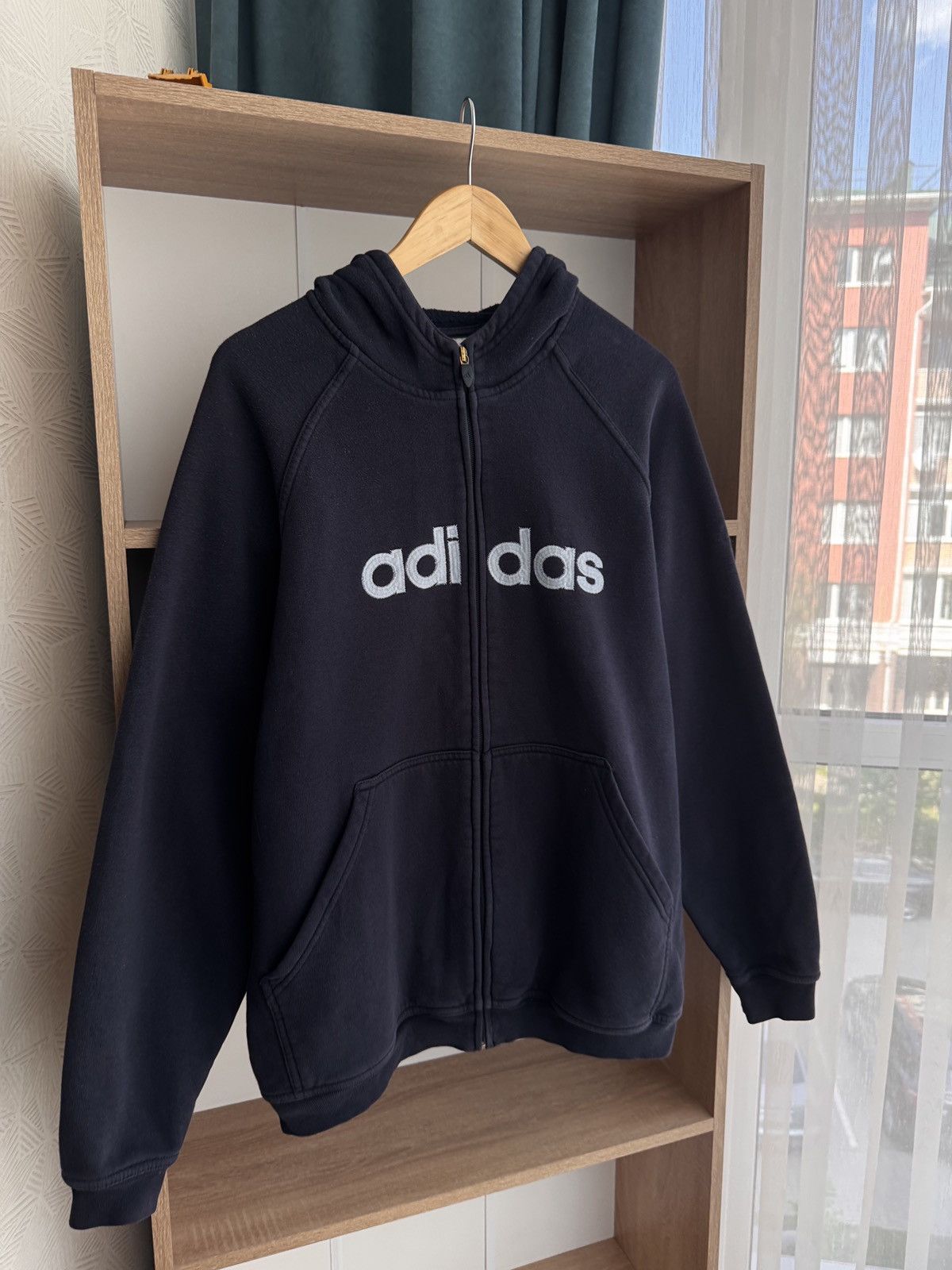 Adidas × Vintage Vintage Adidas Big Logo Navy Zip Hoodie Size US L / EU 52-54 / 3 - 5 Thumbnail