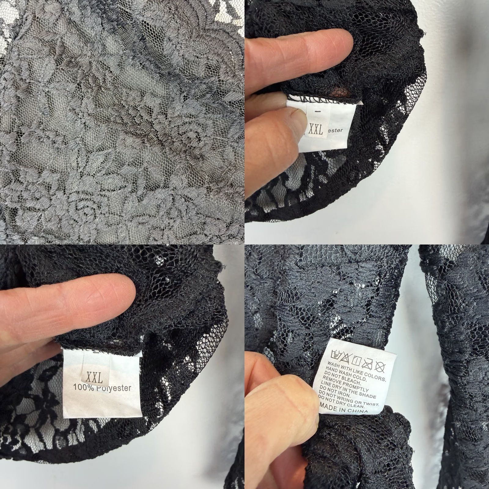 Vintage Black Lace Top Womens 2XL Blouse Long Sleeve Round Neck Solid Sheer Stretch Breathable Casual Bohemian Classic Womens Size XXL / US 16-18 / IT 52-54 - 8 Thumbnail