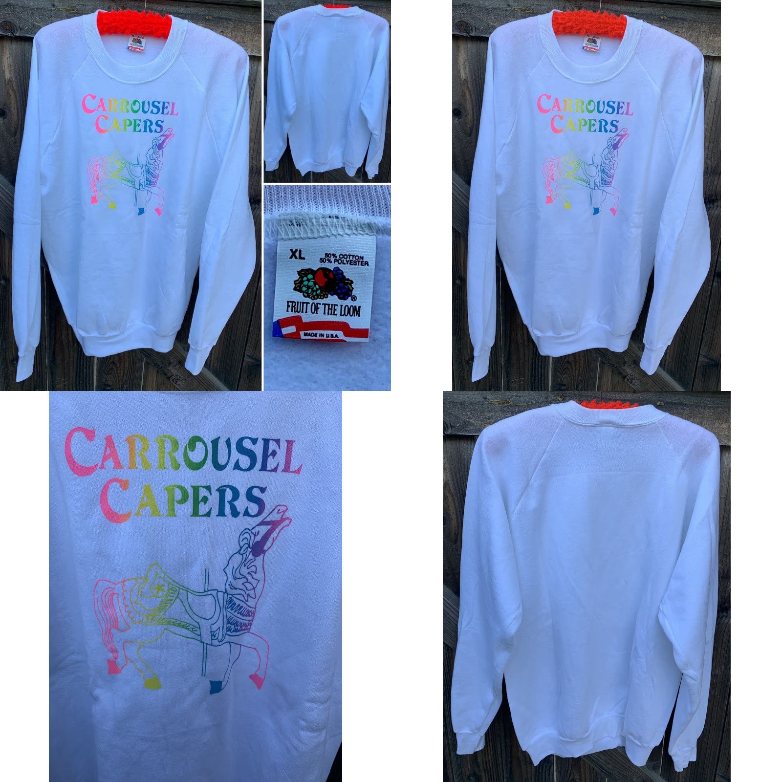 Fruit Of The Loom VINTAGE Fruit of the Loom Raglan Sweatshirt Crew Neck Long Sleeve XL White Neon Carousel Horse Graphic Print Men Size US XL / EU 56 / 4 - 8 Thumbnail