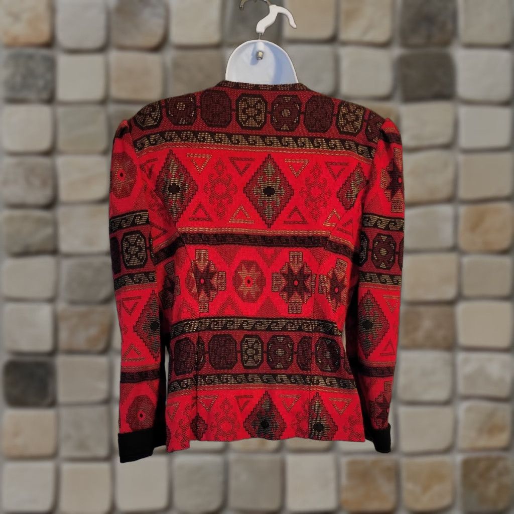 Barrie VINTAGE Tina Barrie Jacket 80s Knit Aztec Print Gold Trim Petite 8 Red Women's Cardigan Size M / US 6-8 / IT 42-44 - 1 Thumbnail