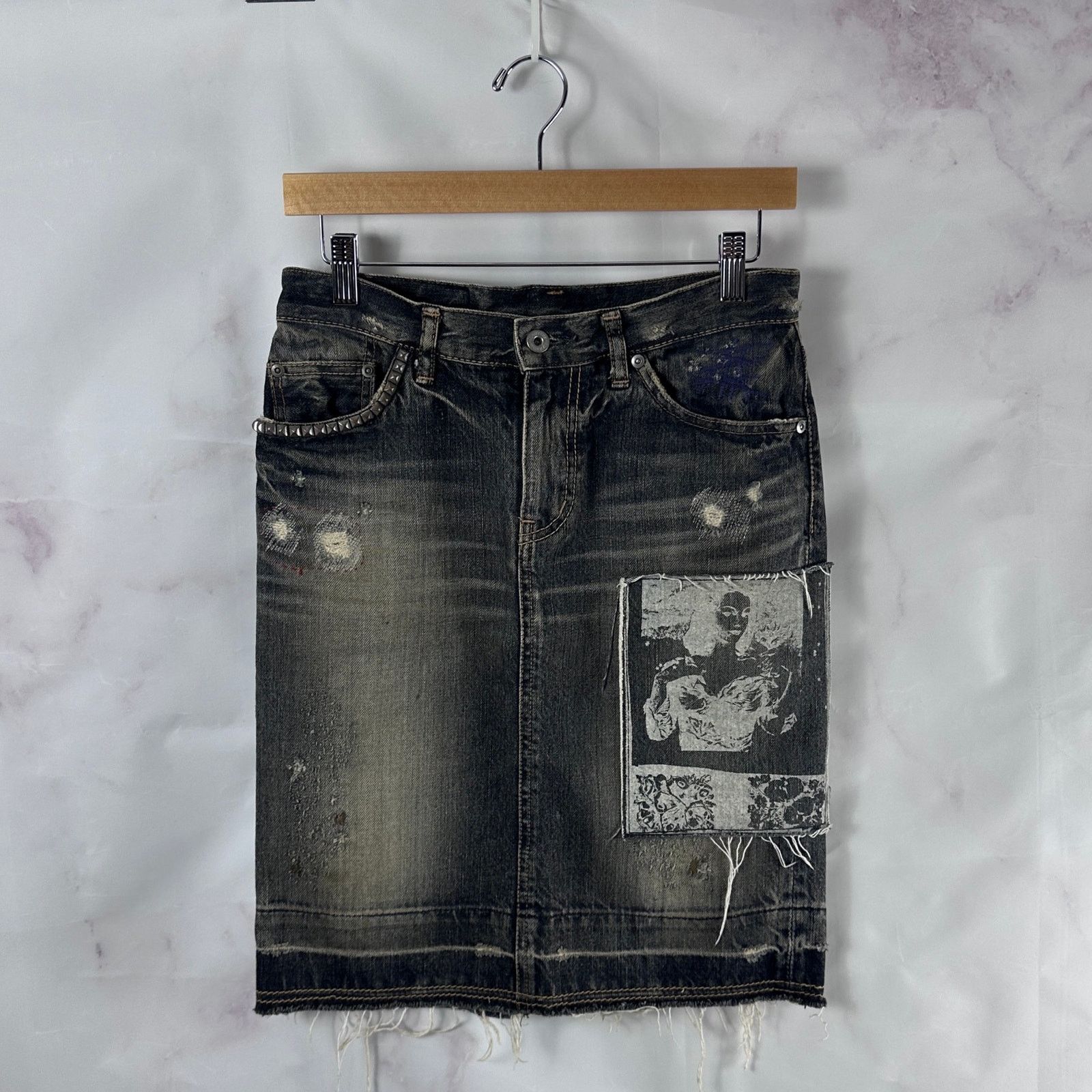 Hysteric Glamour Studded & Repaired Grey Denim Skirt Size 28" / US 6 / IT 42 - 1 Thumbnail