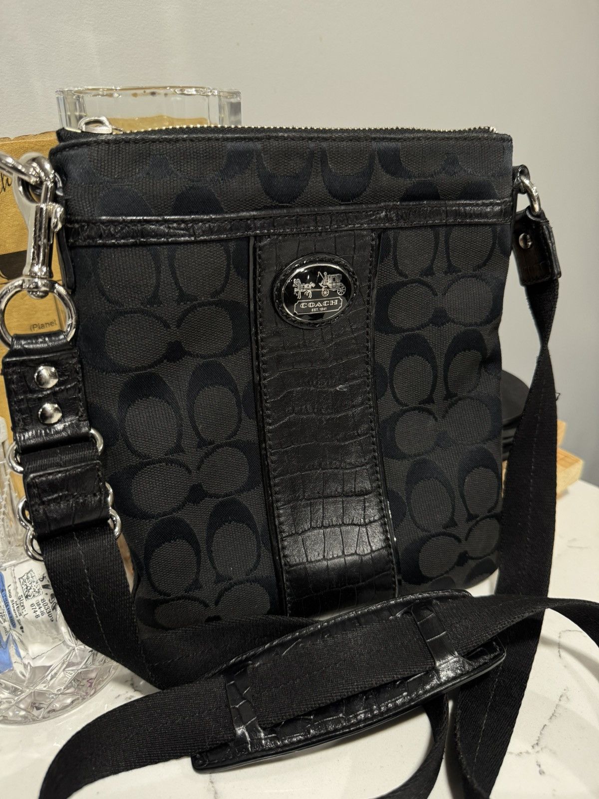Coach Coach Black Signature Monogram Crossbody Bag w/ Croc Trim Size ONE SIZE - 2 Thumbnail