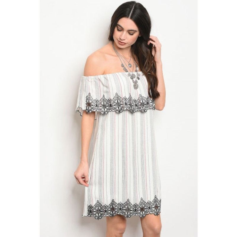 Nordstrom Lush | Off Shoulder Stripe Dress Embroidery Accent Size M / US 6-8 / IT 42-44 - 1 Thumbnail