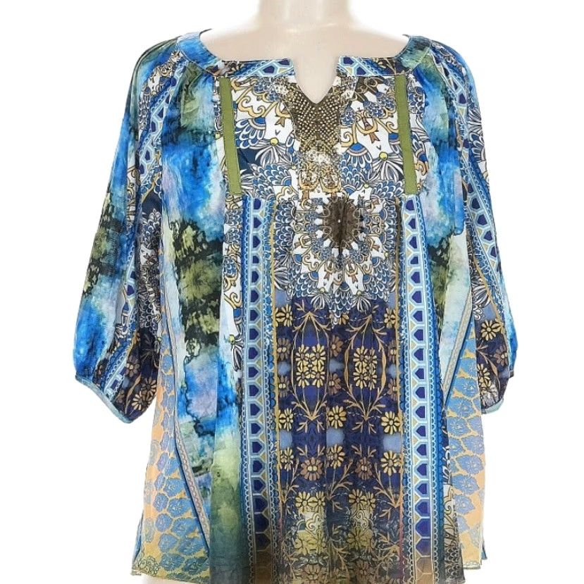 Vintage Y2K One World Blouse S Blue Paisley 3/4 Sleeve Bohemian Tunic Women Regular Polyester Vintage: No | Casual, Business Size S / US 4 / IT 40 - 2 Thumbnail