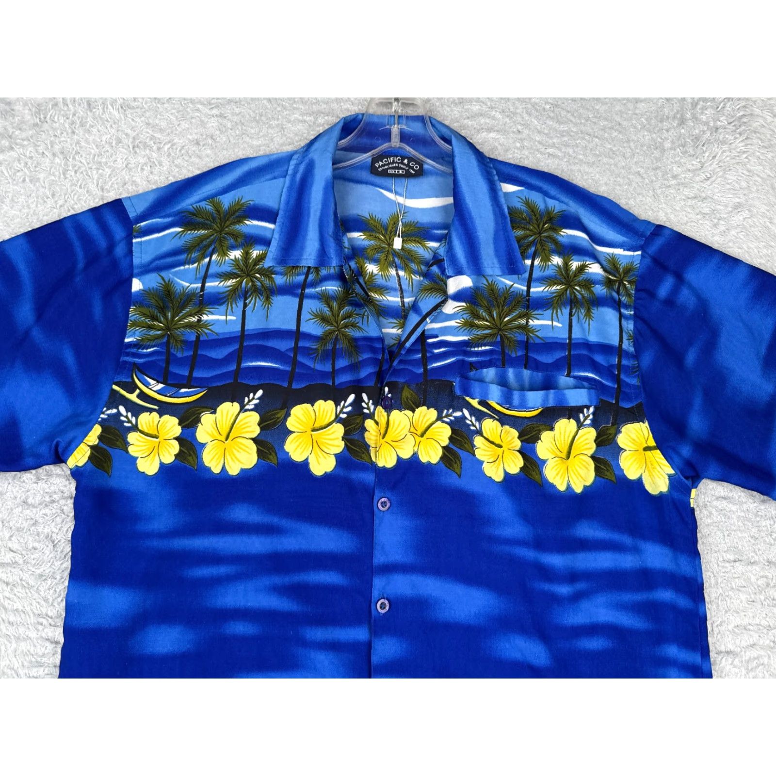 CO Pacific & Co Shirt Men Small Blue Floral Palm Tree 100% Polyester Hawaiian Size US S / EU 44-46 / 1 - 4 Thumbnail