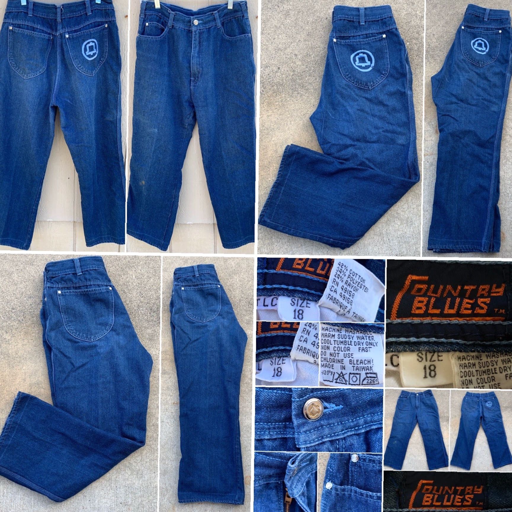 Area Vintage Country Blues Jeans Bell Telephone Work Jeans Embroidered Rear Pocket 18 (31”waist) Denim Blue Made in Taiwan Mens Jeans 70s 80s Size 40" / US 18 - 3 Thumbnail