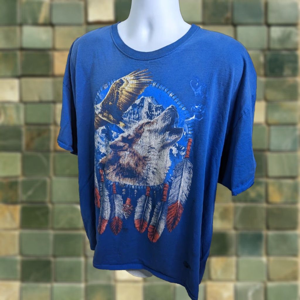 Fruit Of The Loom VINTAGE Americana Eagles Wolves Southwest Aztec Graphic T Shirt 3XL Wolf 90s Southwest Americana T7 Mens Blue Short Sleeve Crew Neck VTG Size US XXL / EU 58 / 5 - 1 Thumbnail