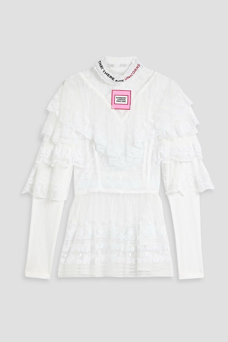 Burberry BURBERRY Ruffled embroidered Swiss-dot tulle blouse Size S / US 4 / IT 40 - 1 Thumbnail