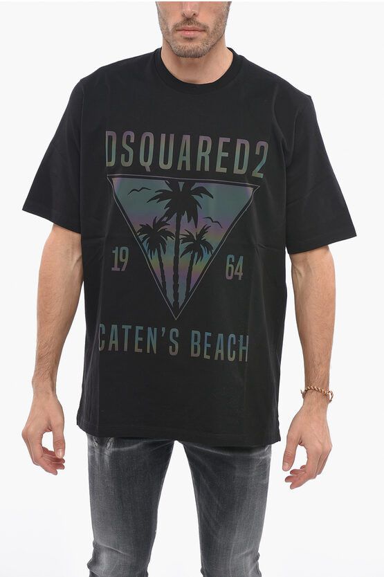 image of Dsquared2 Solid Color Caten's Beach Crew-Neck T-Shirt With Iridescent in Black, Men's (Size Small)