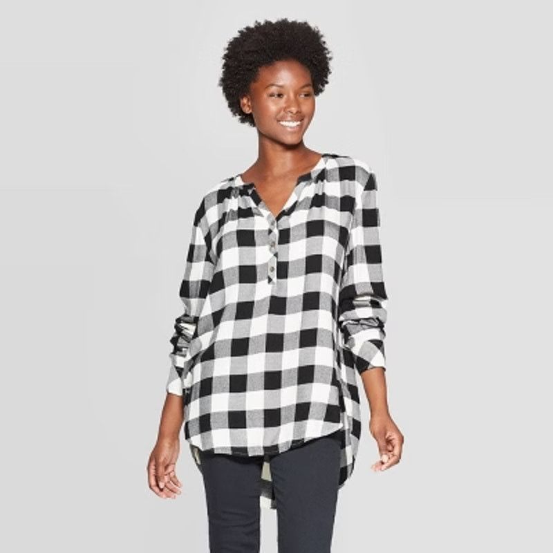 Other Universal Thread Black White Plaid V-Neck Twill Top Small Size S / US 4 / IT 40 - 1 Thumbnail