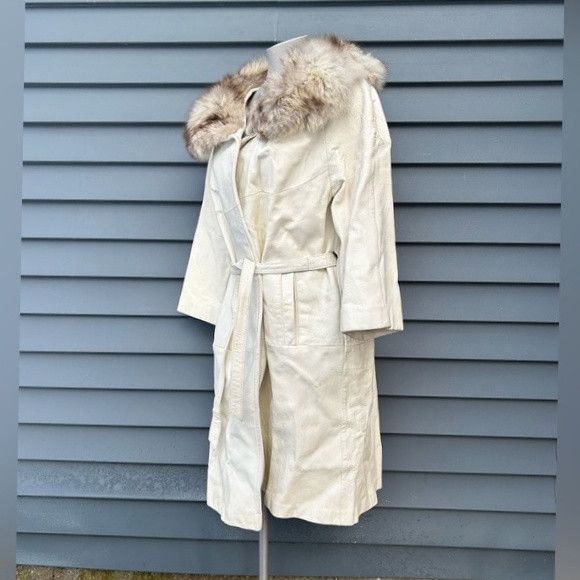 Other Vintage 60s Mod White Leather Fox Fur Collar Swing Coat Size L / US 10 / IT 46 - 4 Thumbnail