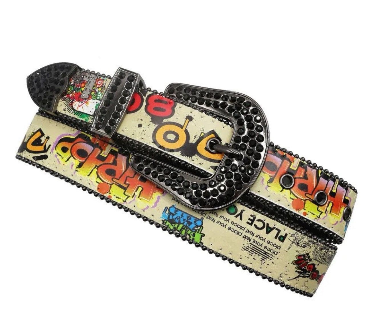 Japanese Brand × Leather Graffiti Black Rhinestone PU Leather Belt Size ONE SIZE - 2 Thumbnail