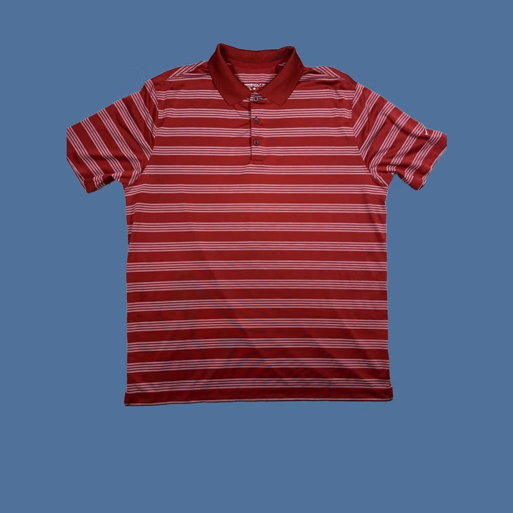 Nike Golf Polo Shirt Mens 1XL Red White Striped Dri-Fit Short Sleeve Arm Swoosh, Men's