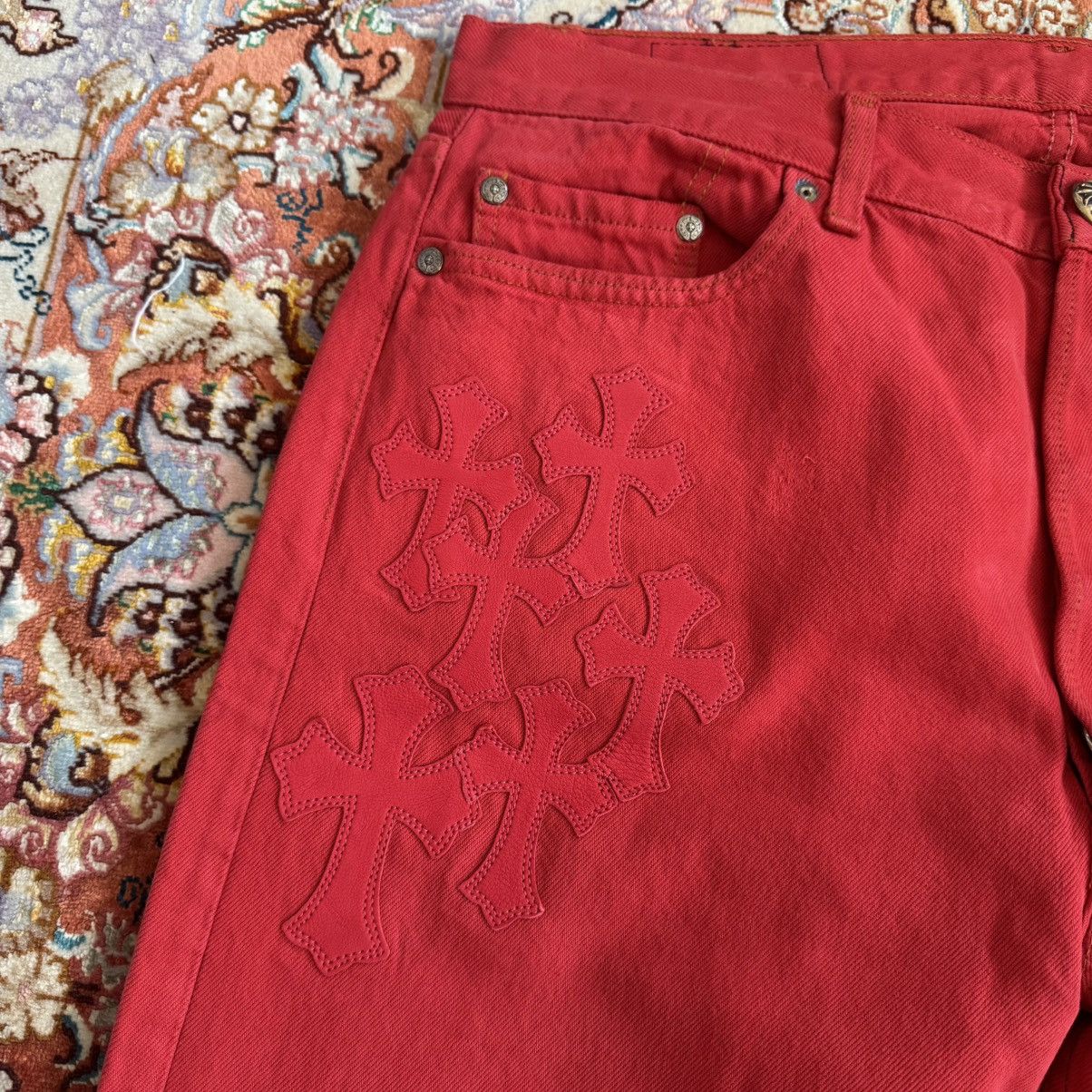 Chrome Hearts LEATHER CROSS SILVER DETAILED RED DYED VINTAGE LEVI ‘S JEANS Size US 34 / EU 50 - 3 Thumbnail