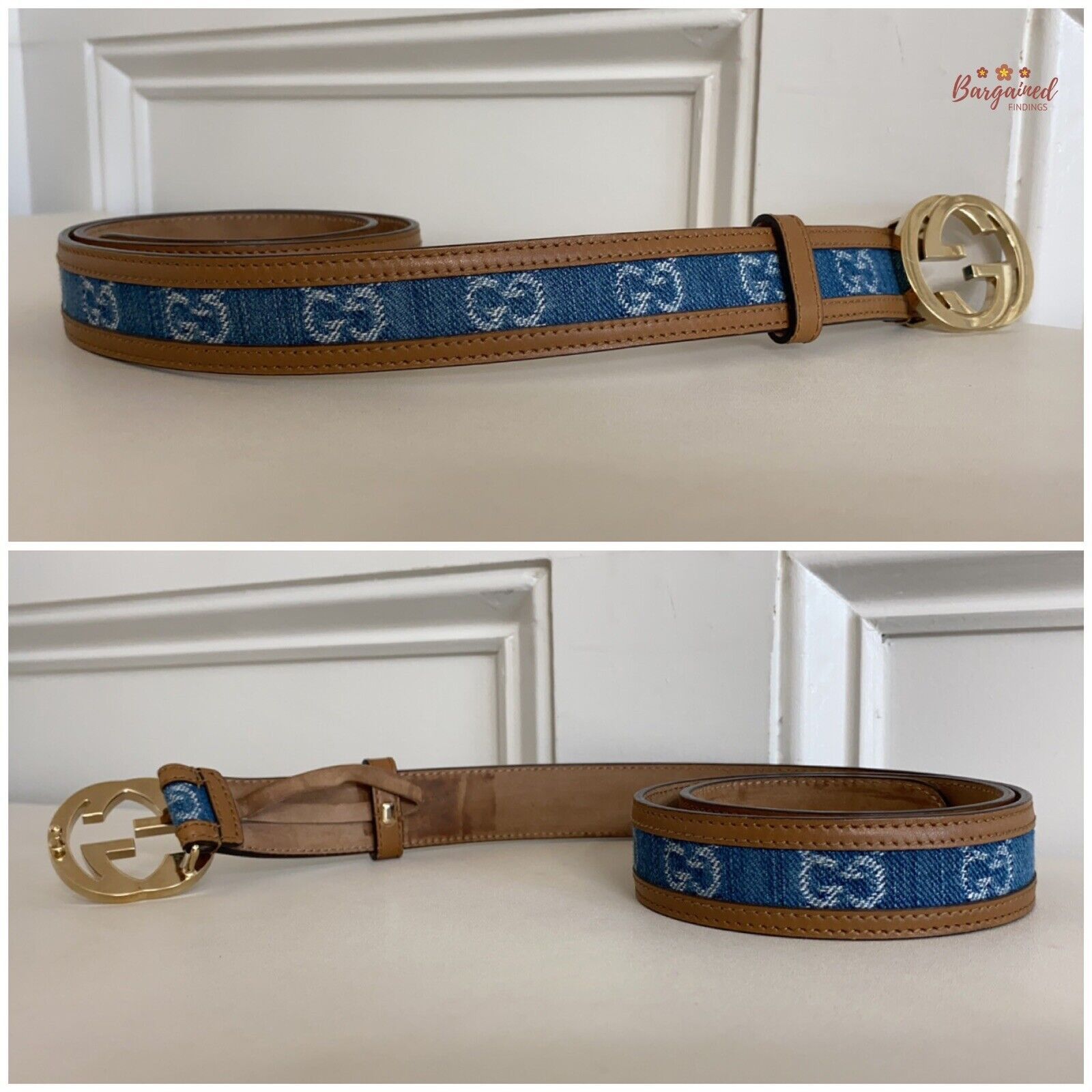 Gucci Gucci Blue GG Denim Leather Gold Interlocking G Buckle Belt Size 28 - 3 Thumbnail