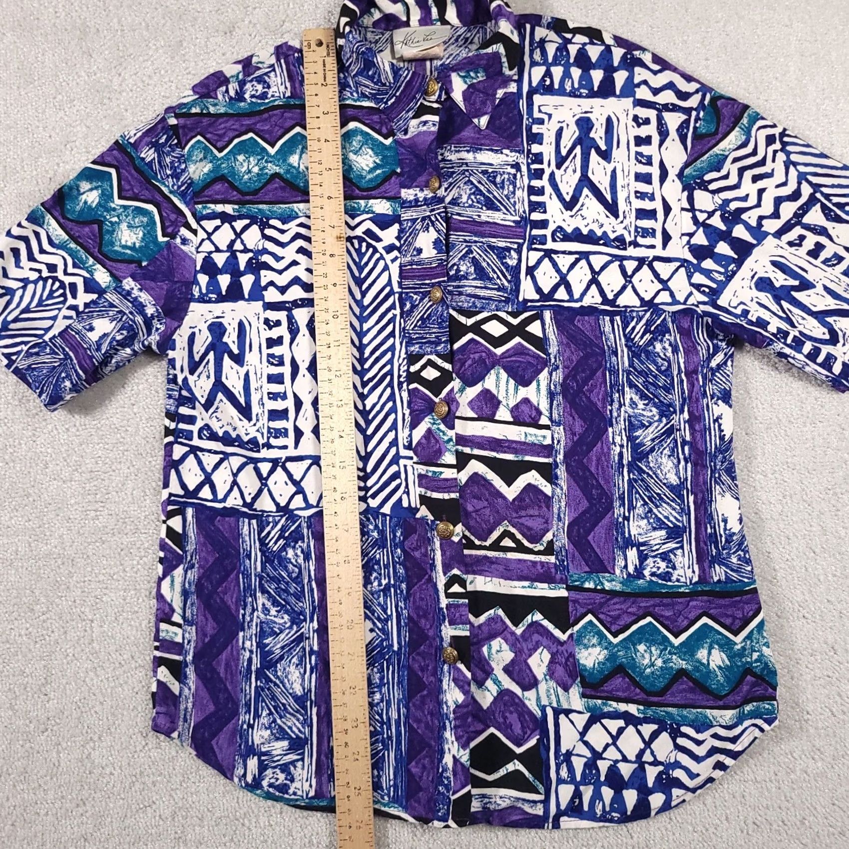 Lee VINTAGE Kathie Lee Button Up Shirt Women's 8 Blue Geometric Aztec Short Sleeve USA Size M / US 6-8 / IT 42-44 - 7 Thumbnail