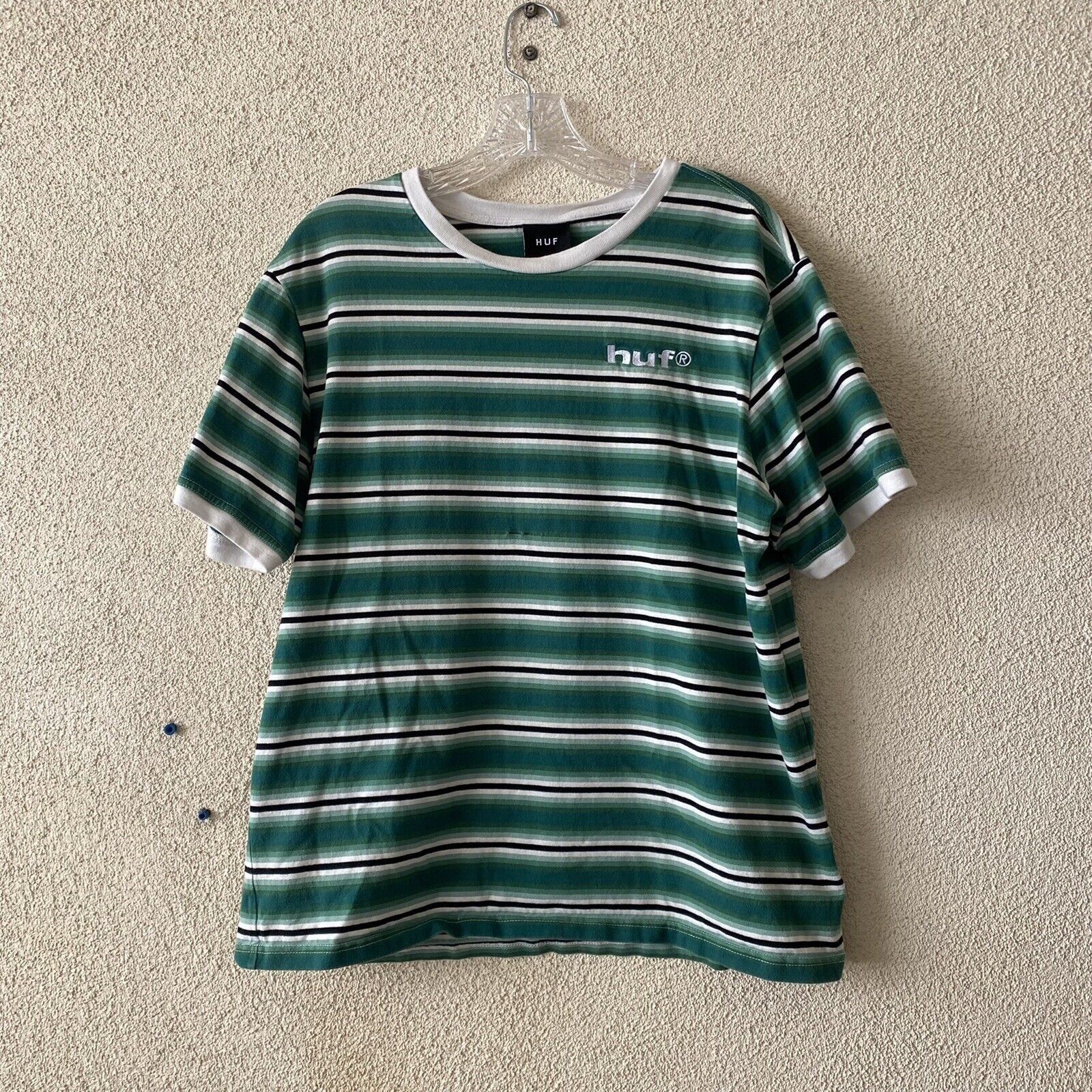 Huf HUF Mens Top Green White Stripe 100% Cotton Tee S/S T-Shirt Size US L / EU 52-54 / 3 - 1 Thumbnail