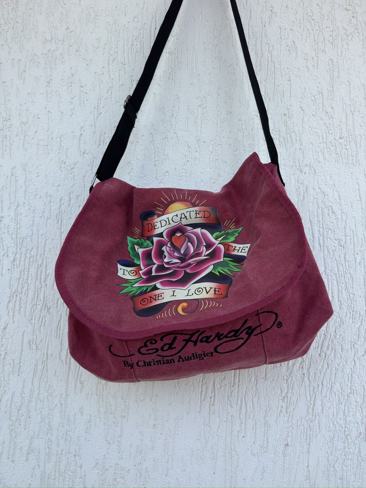 Vintage Ed Hardy Christian Audigier Messenger Bag Y2K in Red, Men's