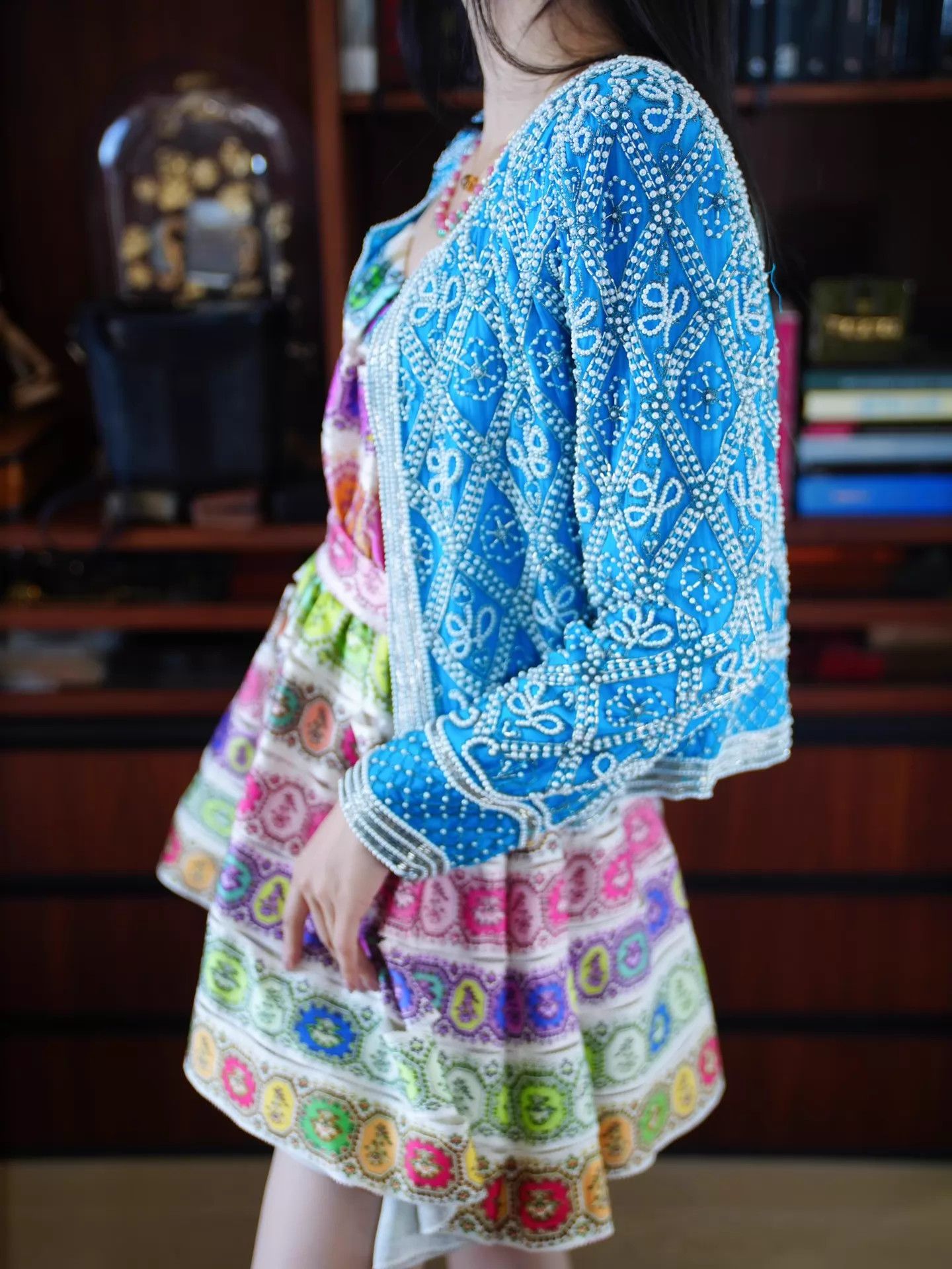 Other Vintage USA Blue Beaded Silk Geometric Jacket Size M / US 6-8 / IT 42-44 - 9 Thumbnail