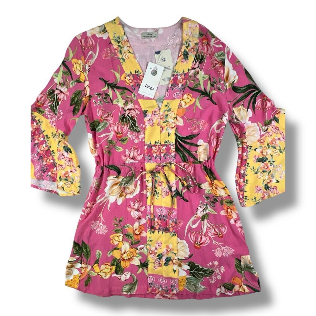 Other Maaji Botany Joy Kaftan Floral Pink Yellow Dress Bell Sleeve Size Large Size L / US 10 / IT 46 - 5 Thumbnail