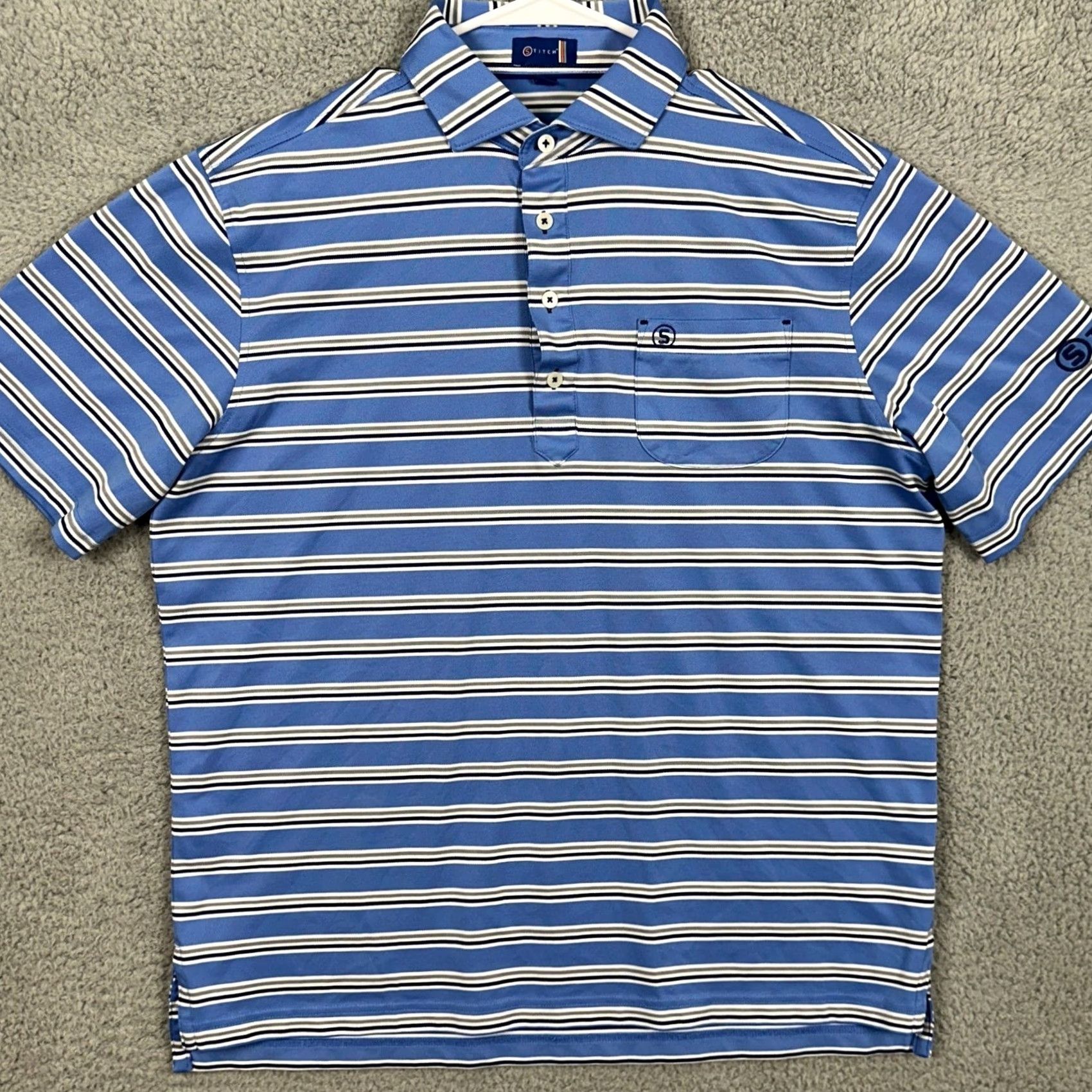 Vintage Stitch Golf Polo Shirt Mens Medium Blue Striped Rugby Stretch Short Sleeve Pocket Shirt Size US M / EU 48-50 / 2 - 3 Thumbnail