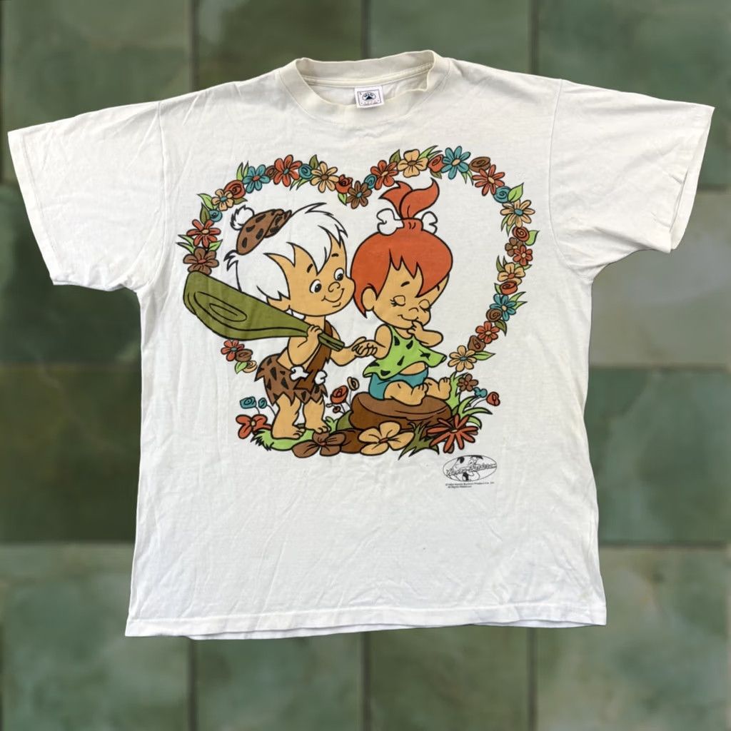 Delta VINTAGE Delta Pro Weight Shirt Mens Large White Pebbles Bam Bam 90s Flinstones Cartoon Graphic Print Short Sleeve Size US L / EU 52-54 / 3 - 1 Thumbnail