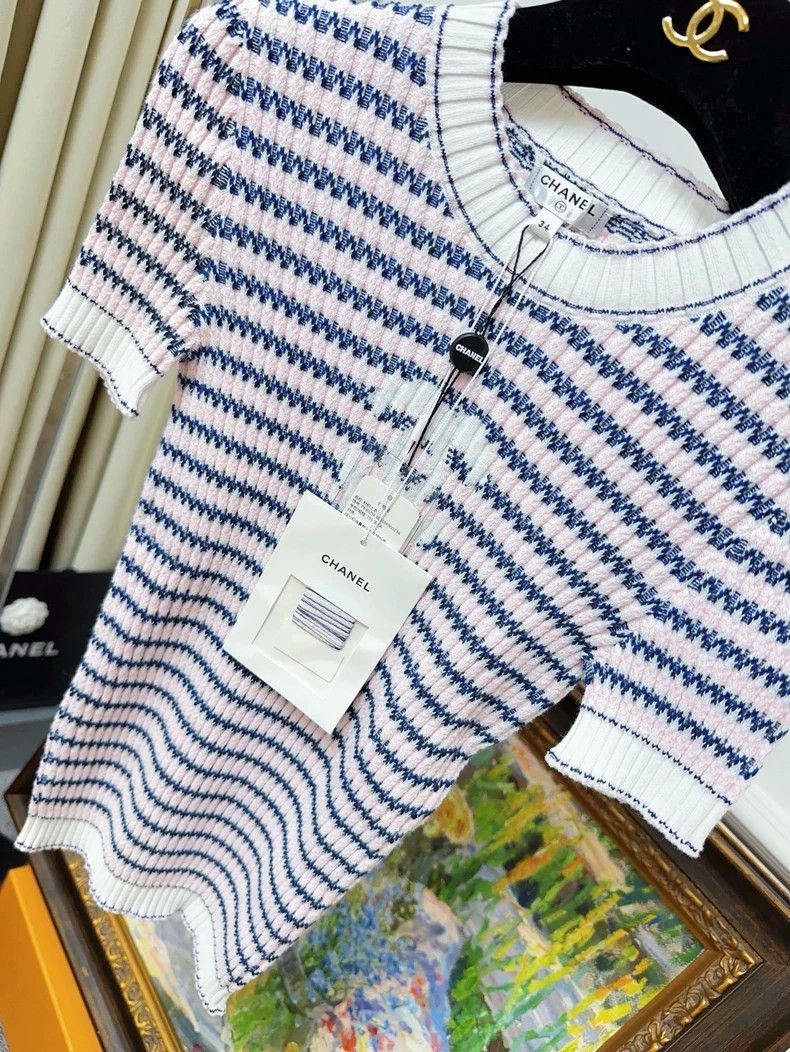 Chanel Chanel Striped Logo Short Sleeve Knit Top Size S / US 4 / IT 40 - 9 Thumbnail