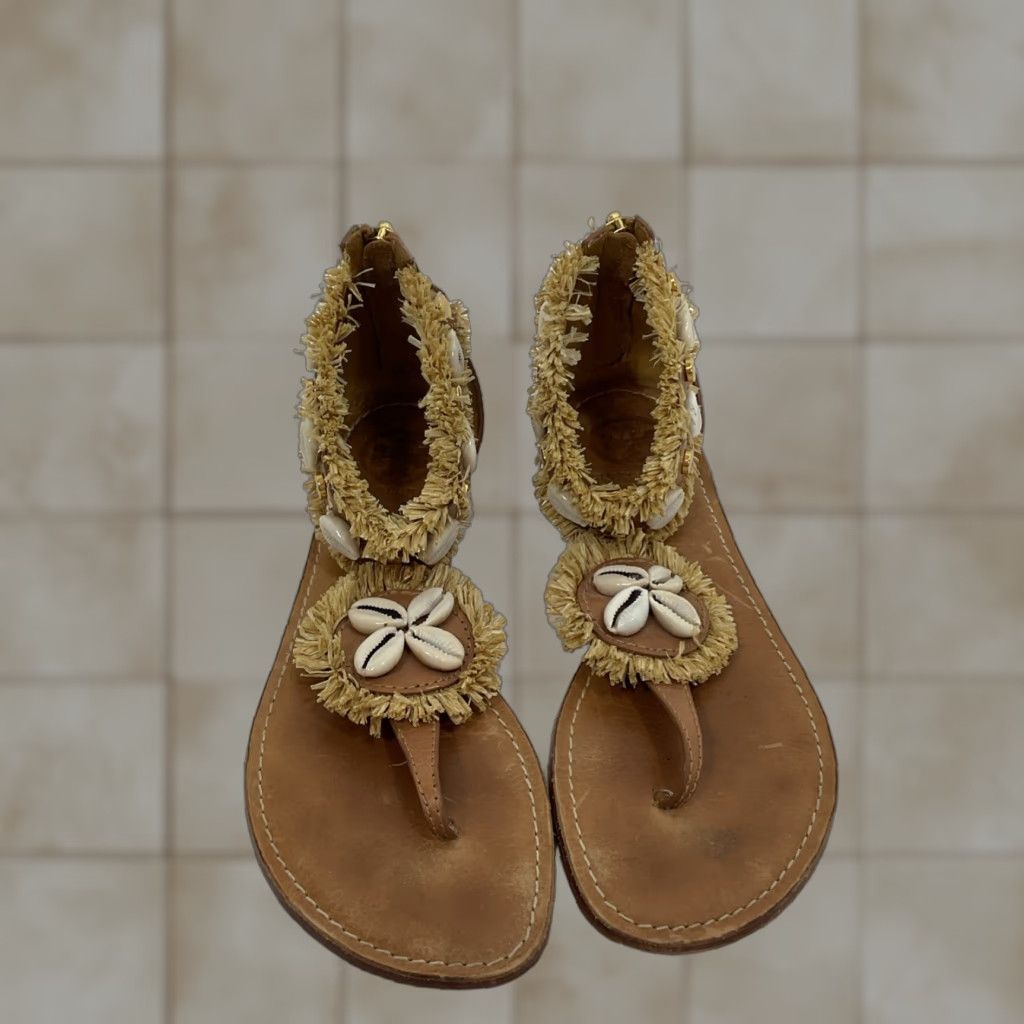 VINTAGE Tory Burch Sandal Strappy Leather Beaded Women's 6.5 Shell Raffia Beige Sandals
