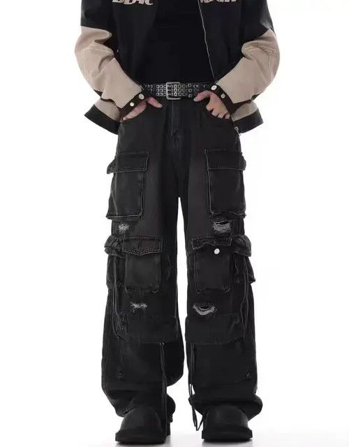 Japanese Brand × Jean Retro heavy industry beggar ripped workwear wide leg jeans Size US 32 / EU 48 - 1 Thumbnail