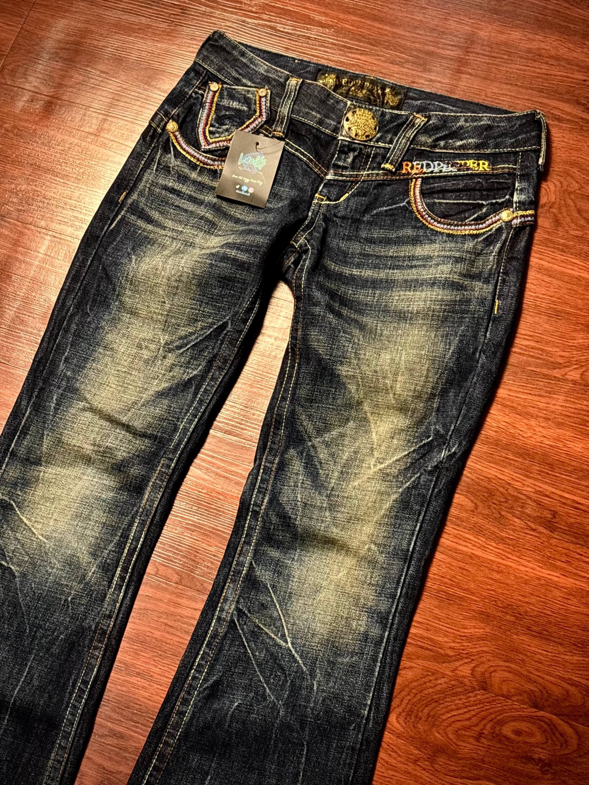 If Six Was Nine Vintage Y2K Red Pepper Stitch Flap Pocket Flare Denim Pants Size 30" / US 8 / IT 44 - 2 Thumbnail