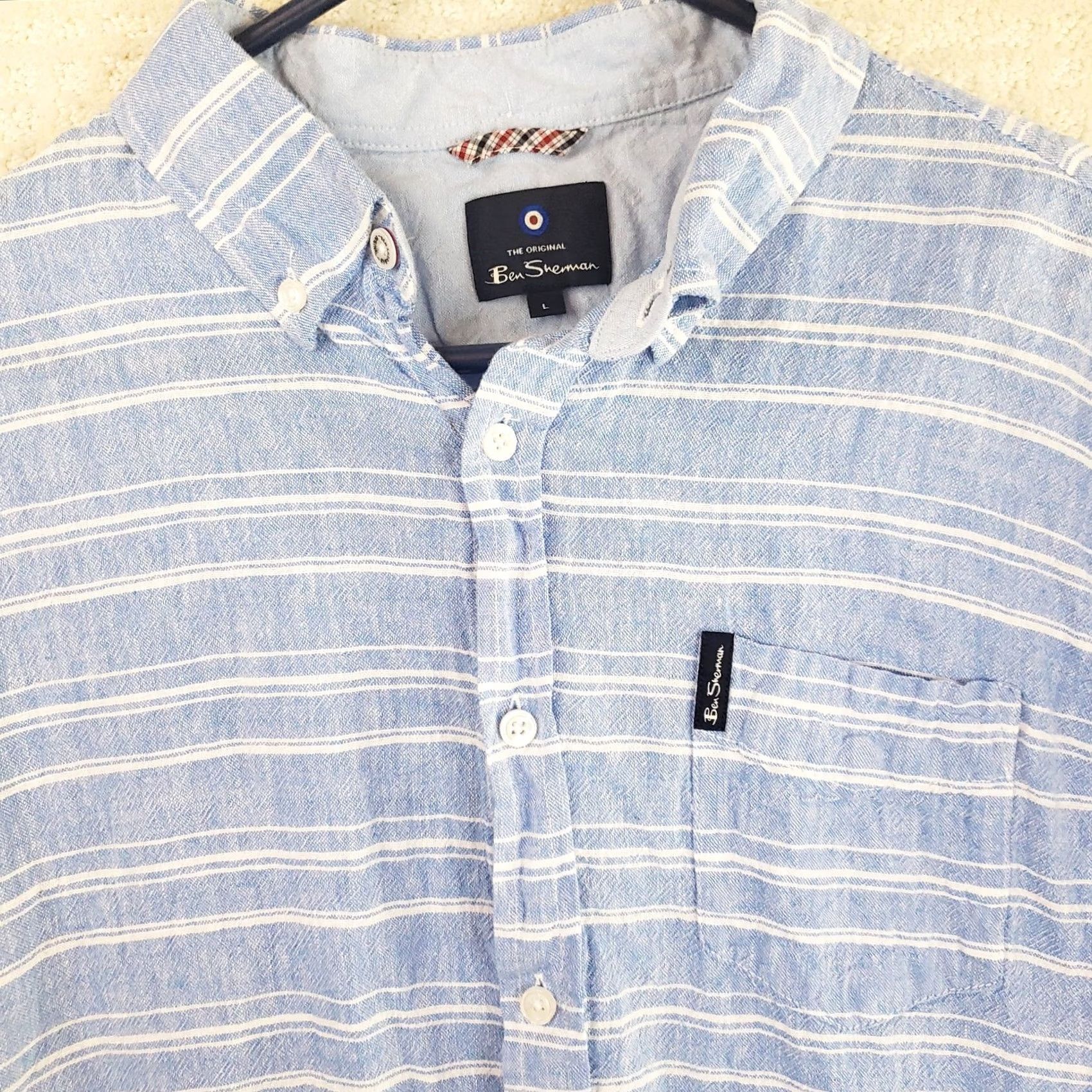 Ben Sherman Ben Sherman Mens L Blue Stripe Linen Blend Shirt Short Sleeve Collared Button-Up Casual Size US L / EU 52-54 / 3 - 3 Thumbnail