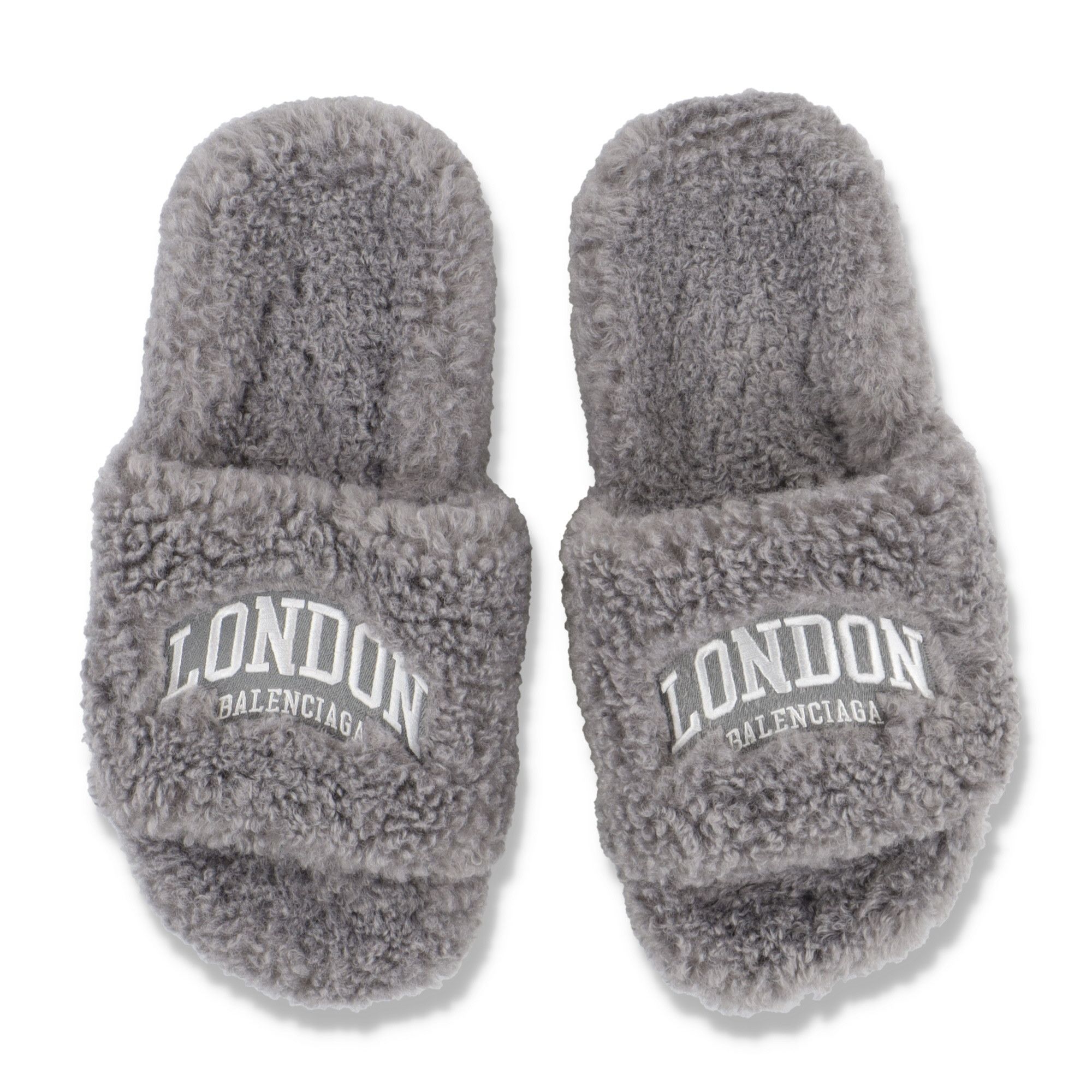 Balenciaga Grey Faux Shearling Furry London Logo Slides | Grailed