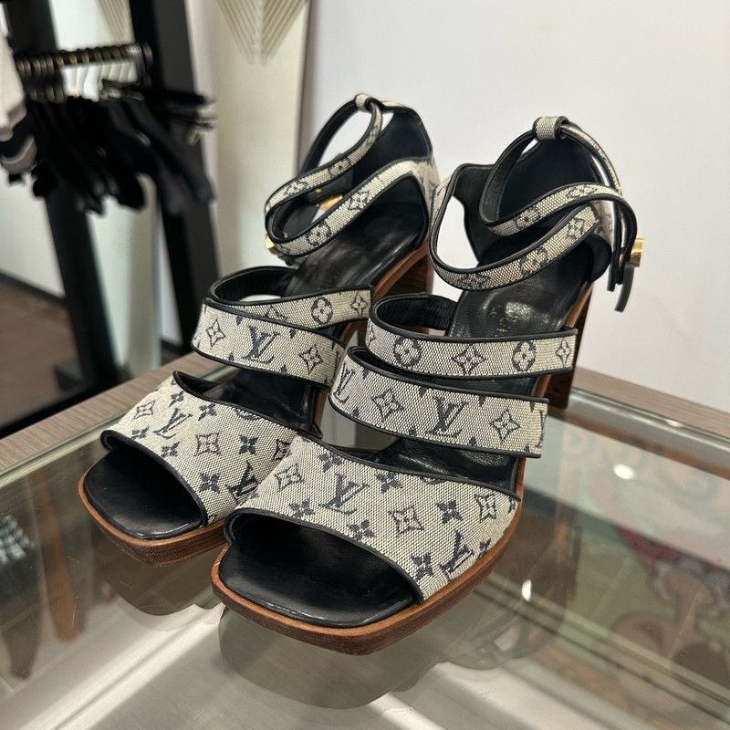 Louis Vuitton Louis Vuitton Classic Logo Denim High Heel Sandals -2508 Size US 7 / IT 37 - 1 Thumbnail