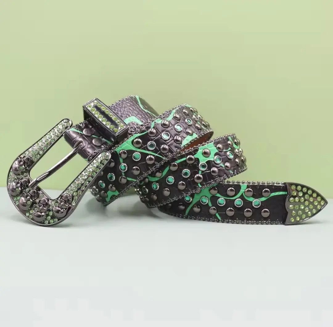 Vintage Skull Rhinestone Studded Bling Y2K Belt 115cm Size 38 - 3 Thumbnail