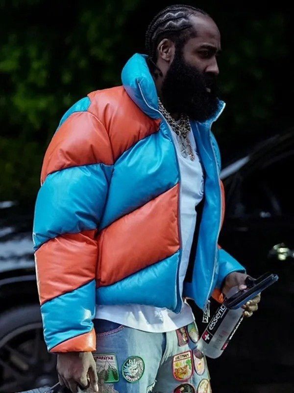 image of Bottega Veneta Leather Puffer in Blue/Orange, Men's (Size Medium)